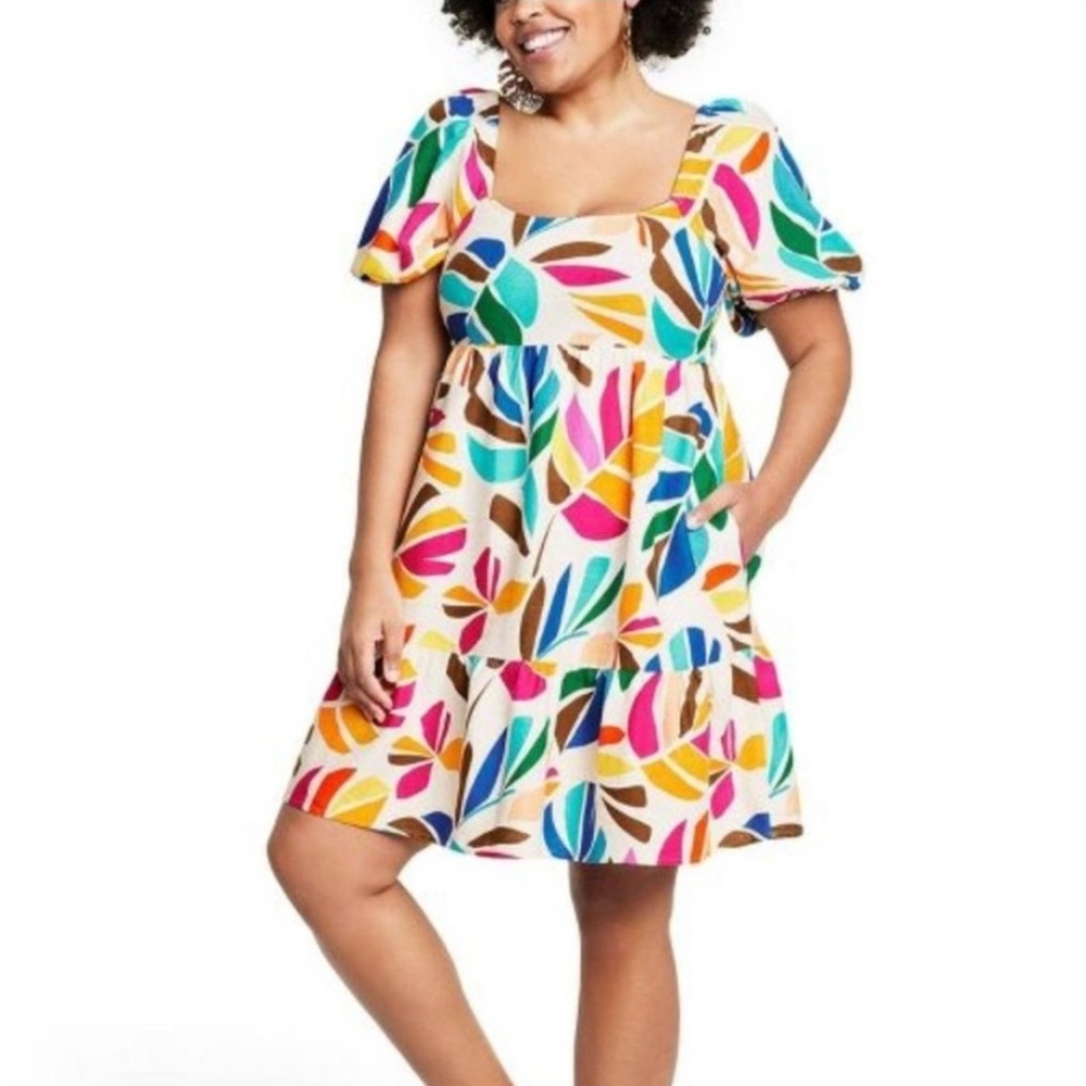 Tabitha Brown for Target Dress Colorful Leaf Print Puff Sleeve Tiered Large